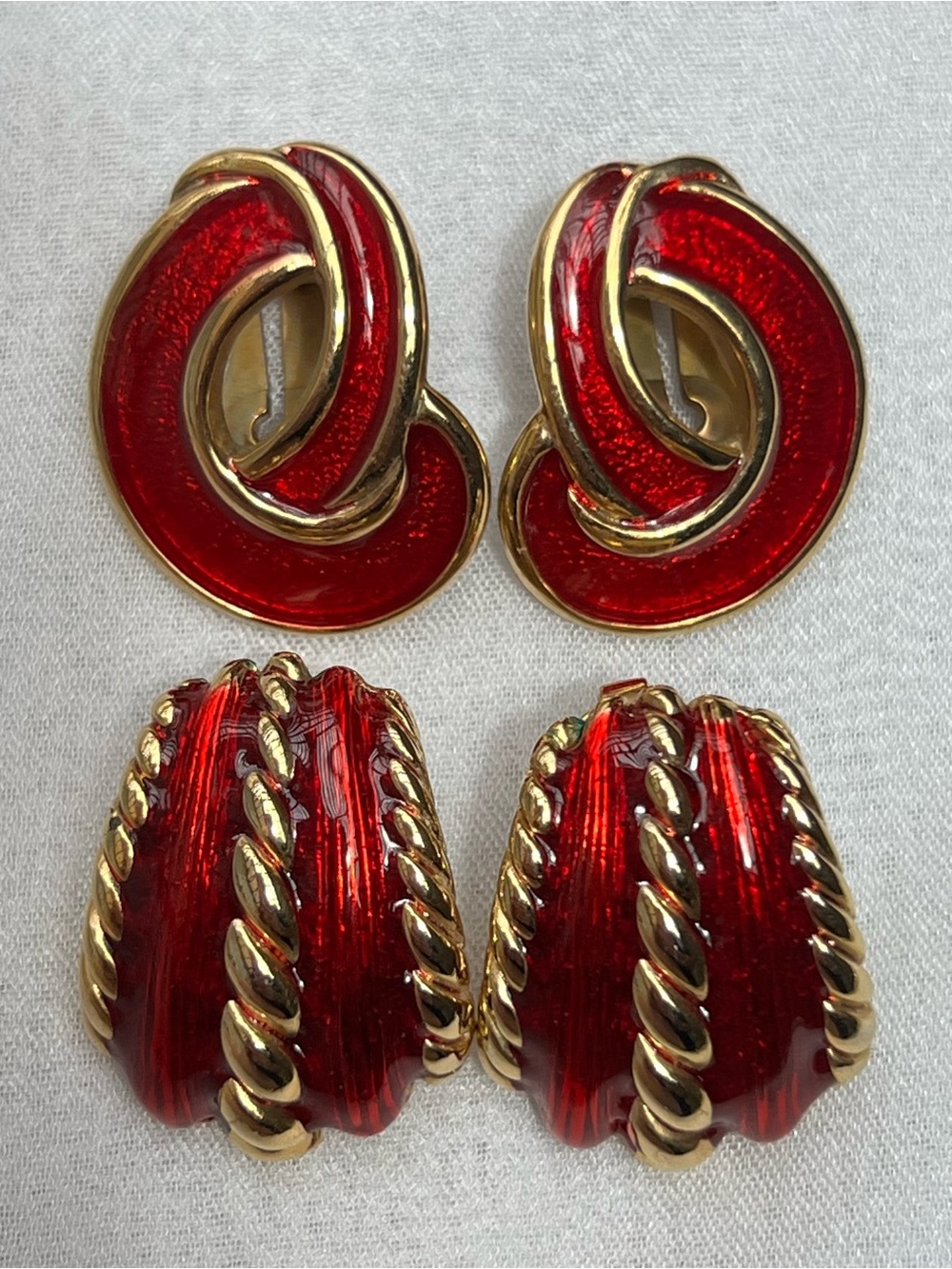 Red Enameled & Gold-Tone Clip Earrings Set